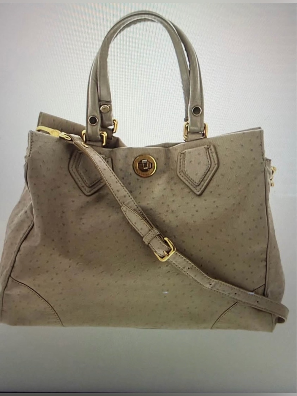 Marc by Marc Jacobs Ostrich Leather Tote Satchel Crossbody Bag Gray Ivory Large